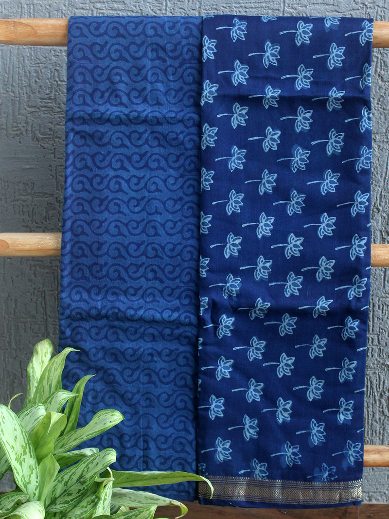 Akola Indigo Hand Block Printed Maheshwari Cotton Silk Unstitched Dress Material