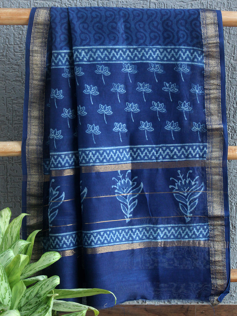 Akola Indigo Hand Block Printed Maheshwari Cotton Silk Unstitched Dress Material