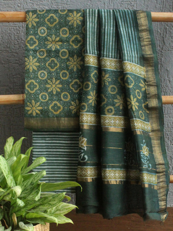 Akola Hand Block Printed Maheshwari Cotton Silk Unstitched Dress Material