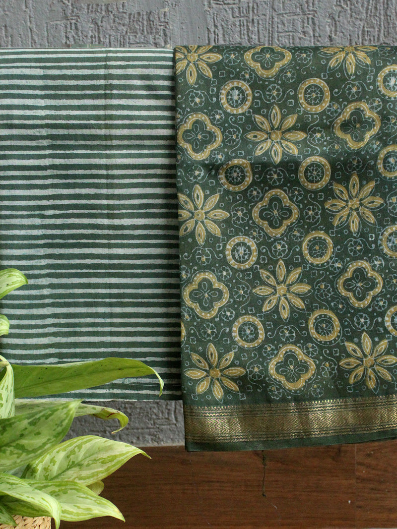 Akola Hand Block Printed Maheshwari Cotton Silk Unstitched Dress Material