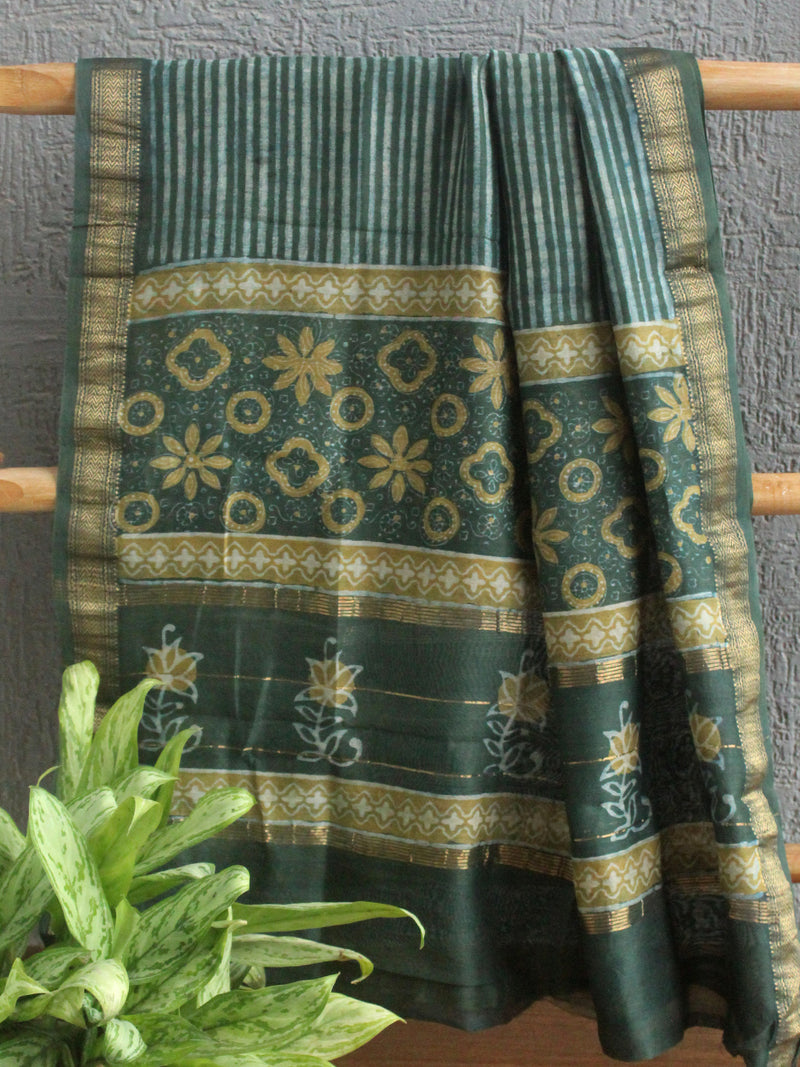 Akola Hand Block Printed Maheshwari Cotton Silk Unstitched Dress Material