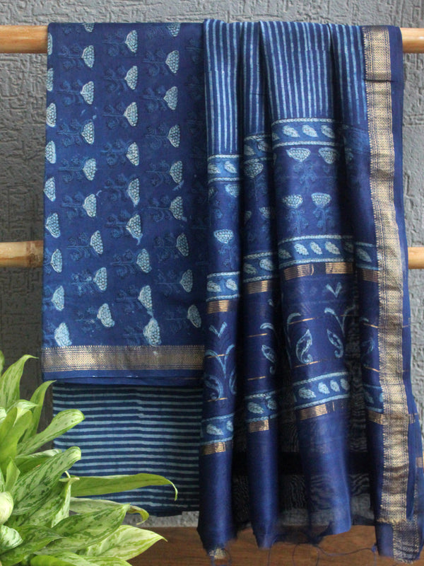 Akola Indigo Hand Block Printed Maheshwari Cotton Silk Unstitched Dress Material