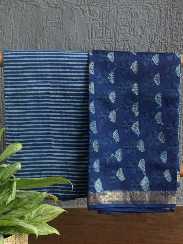 Akola Indigo Hand Block Printed Maheshwari Cotton Silk Unstitched Dress Material