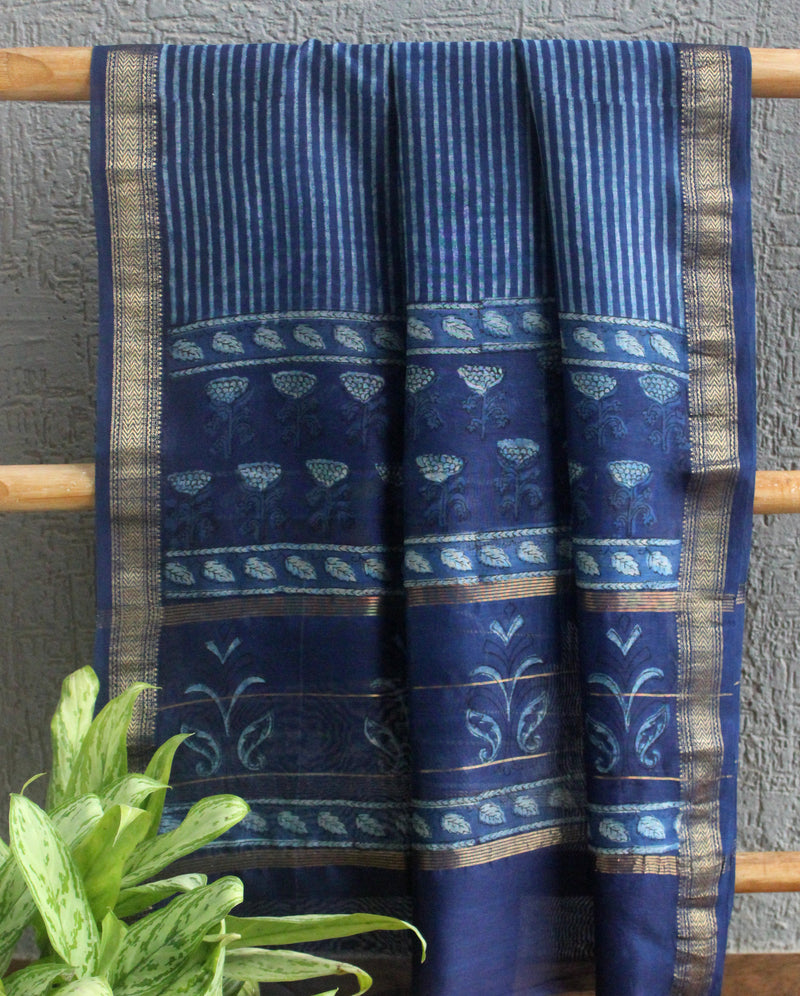 Akola Indigo Hand Block Printed Maheshwari Cotton Silk Unstitched Dress Material