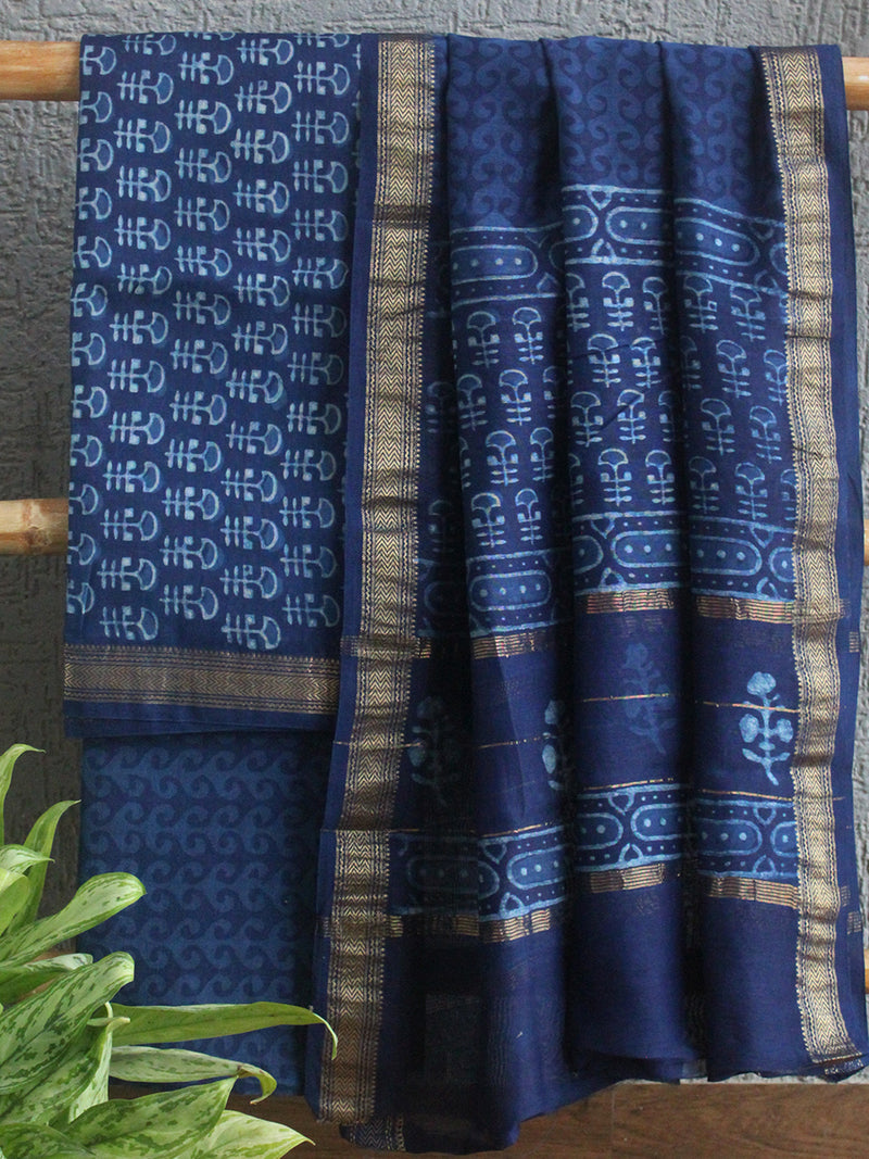 Akola Indigo Hand Block Printed Maheshwari Cotton Silk Unstitched Dress Material