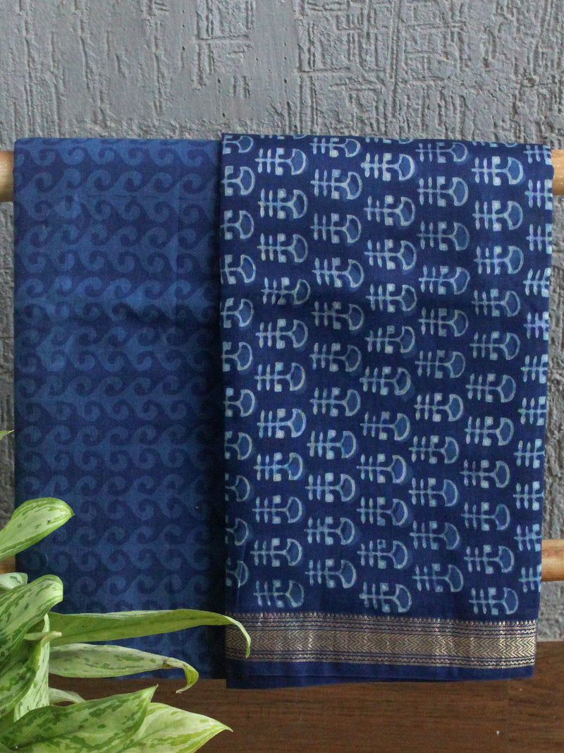 Akola Indigo Hand Block Printed Maheshwari Cotton Silk Unstitched Dress Material