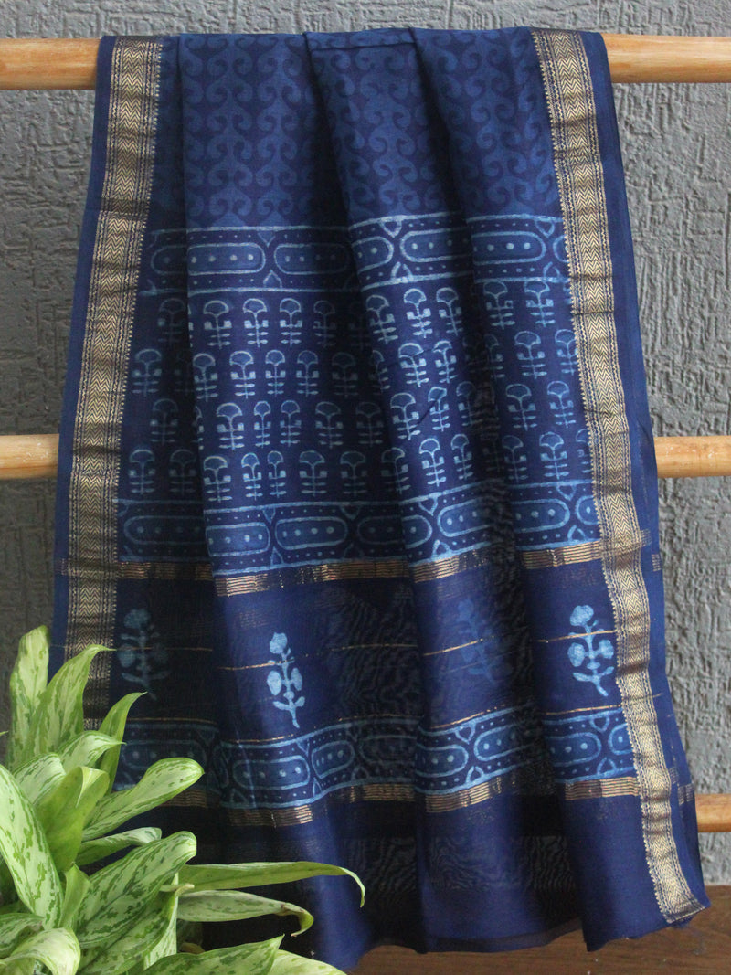 Akola Indigo Hand Block Printed Maheshwari Cotton Silk Unstitched Dress Material