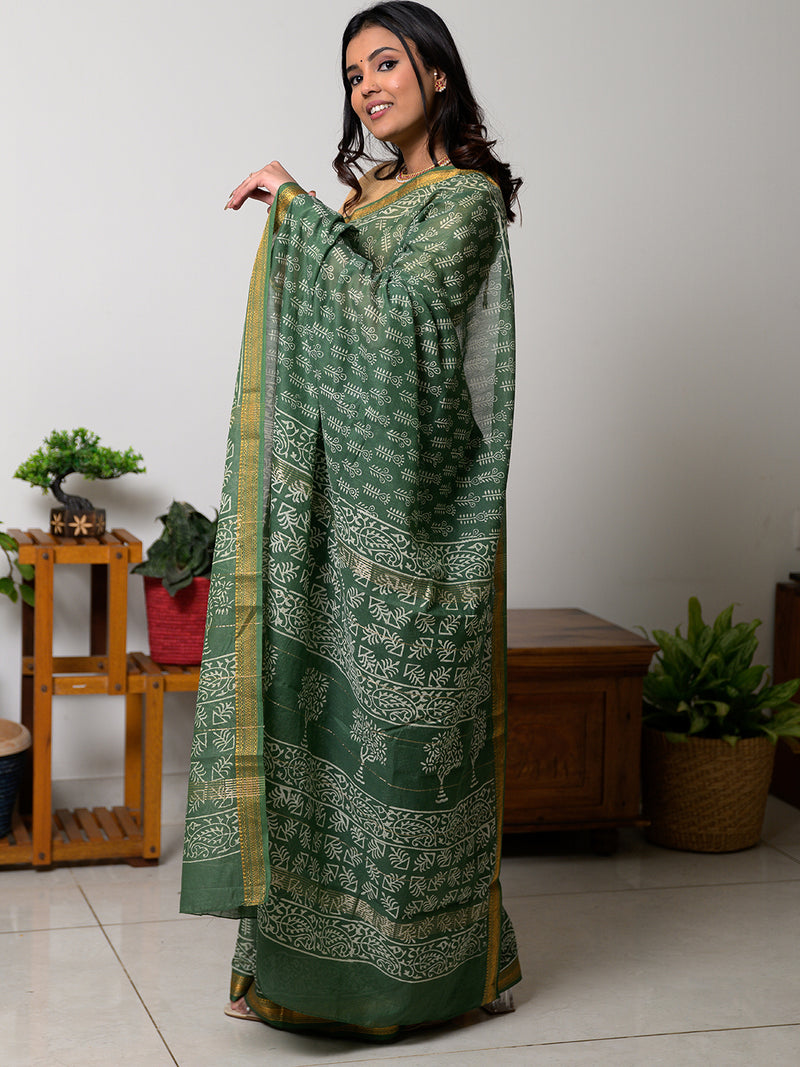 Bagru Hand Block Printed Maheshwari Silk Saree