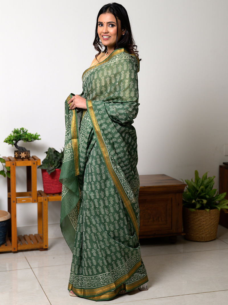 Bagru Hand Block Printed Maheshwari Silk Saree