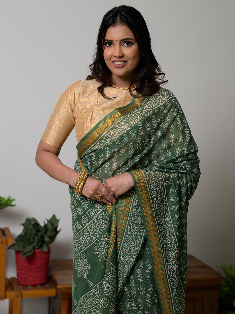 Bagru Hand Block Printed Maheshwari Silk Saree