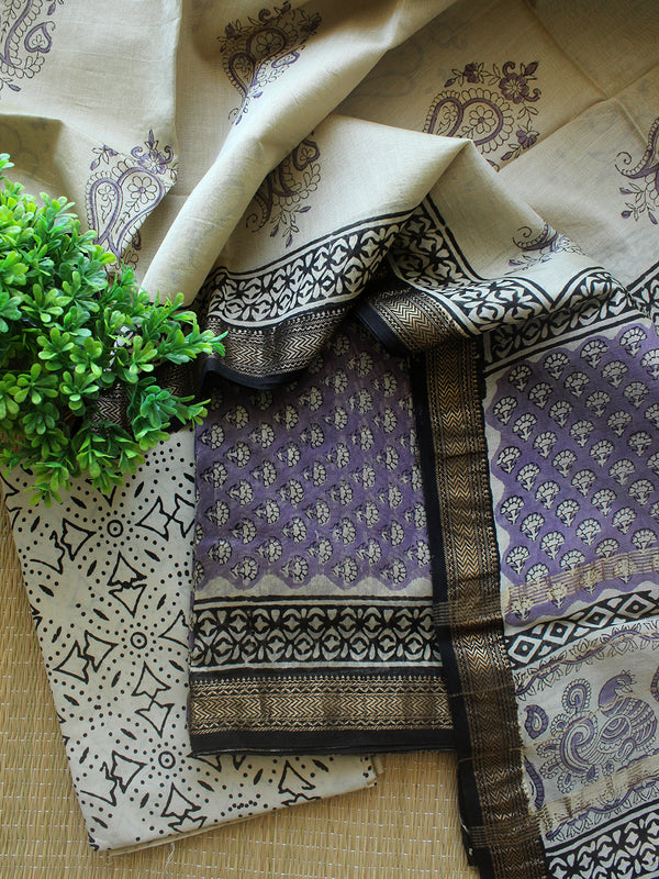 Violet Hand Block Printed Maheshwari Dress Material