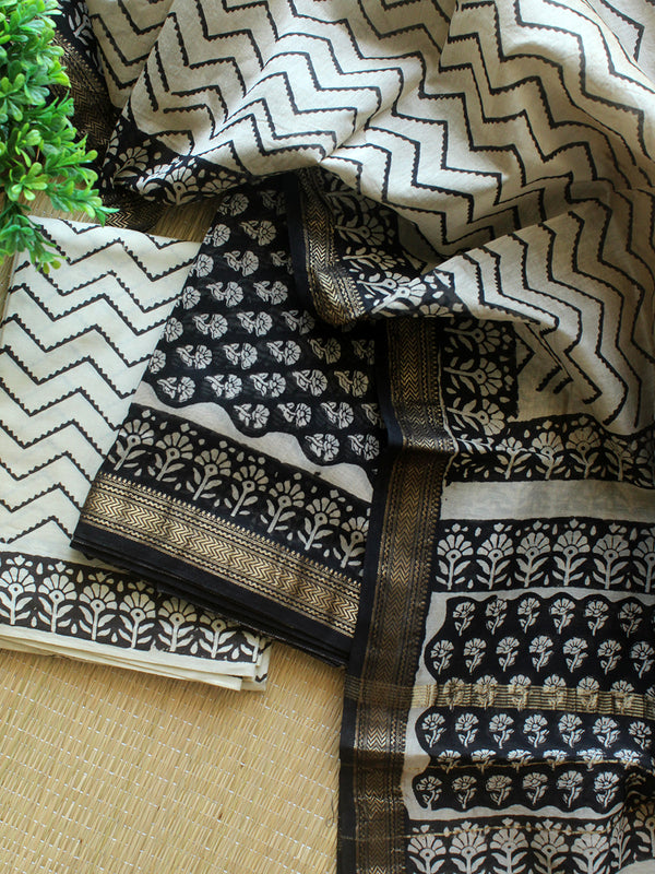 Black Hand Block Printed Maheshwari Dress Material