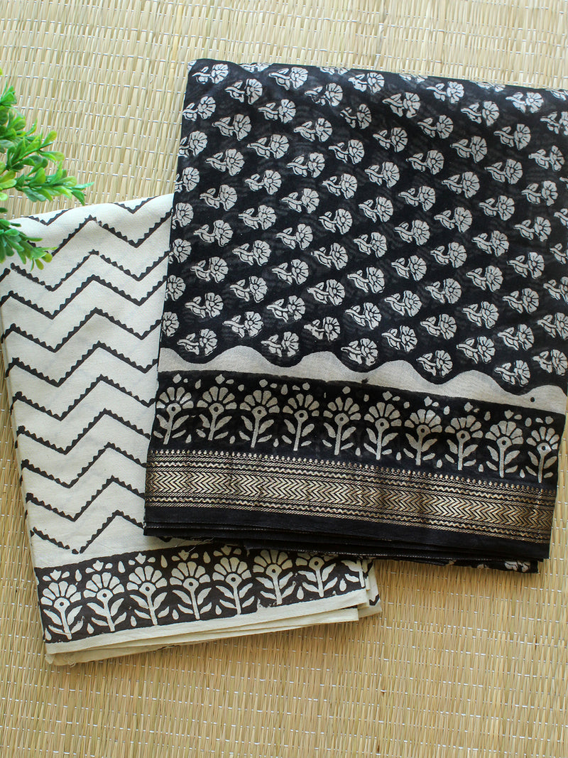 Black Hand Block Printed Maheshwari Dress Material