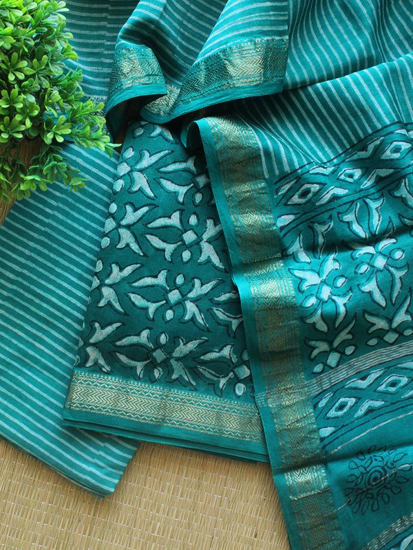 Sea Green Hand Block Printed Maheshwari Dress Material