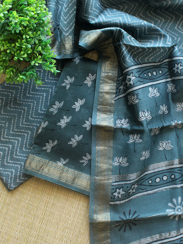 Grey Hand Block Printed Maheshwari Dress Material