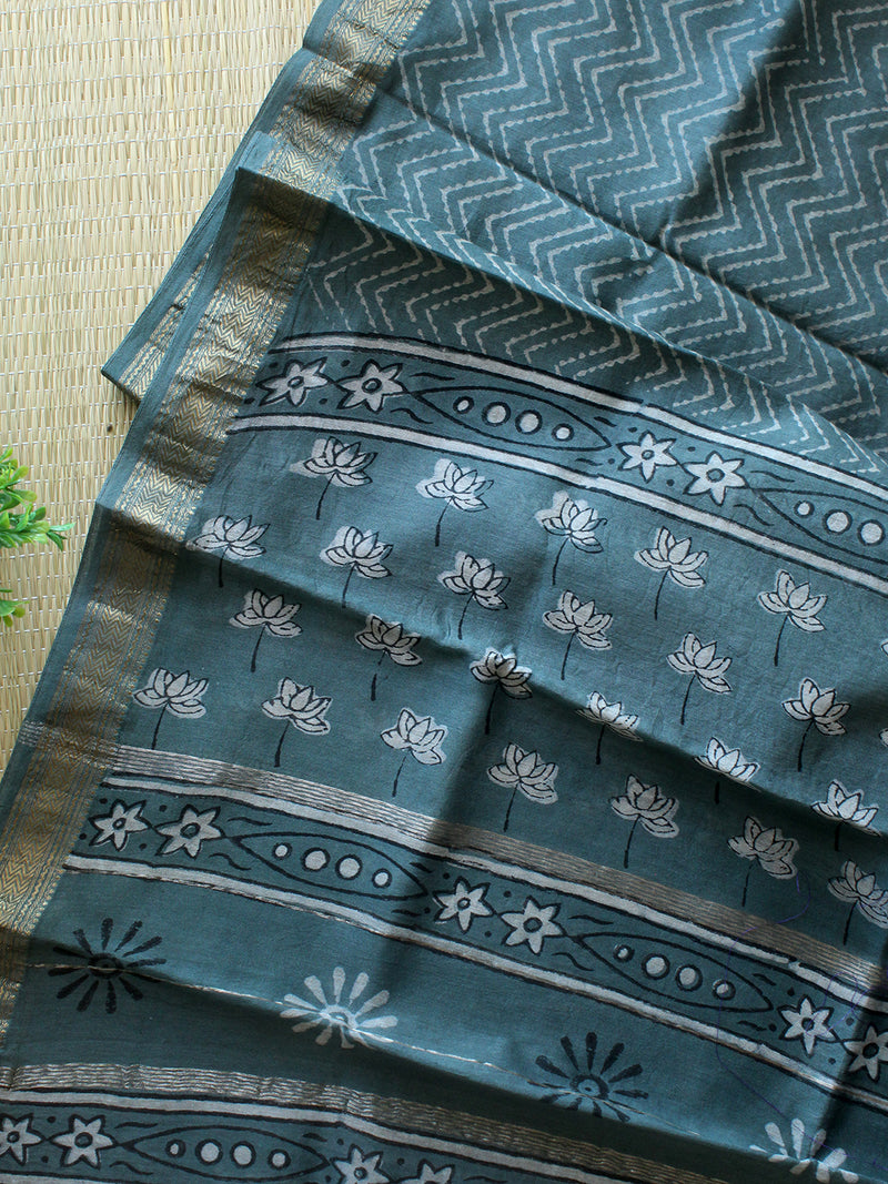 Grey Hand Block Printed Maheshwari Dress Material