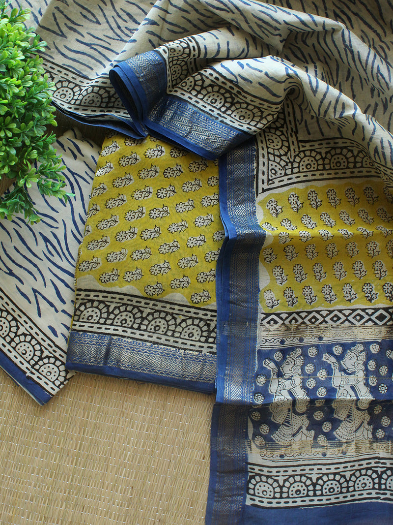 Yellow Hand Block Printed Maheshwari Dress Material