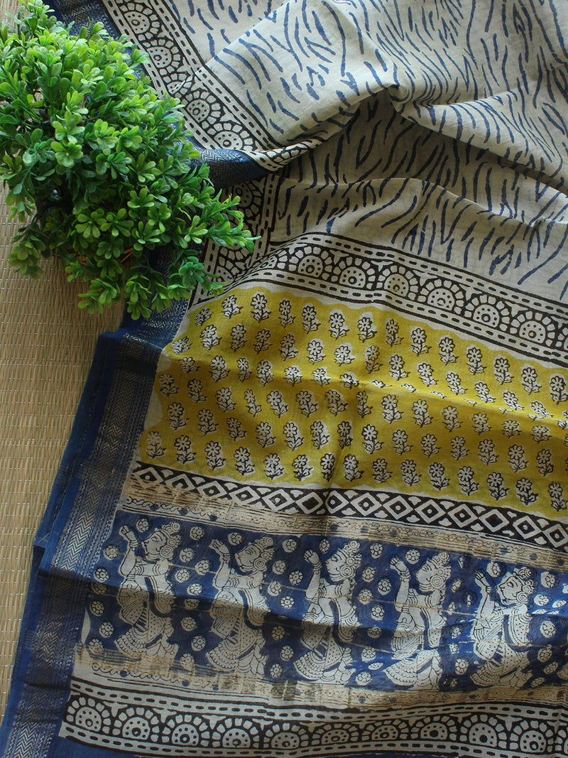 Yellow Hand Block Printed Maheshwari Dress Material