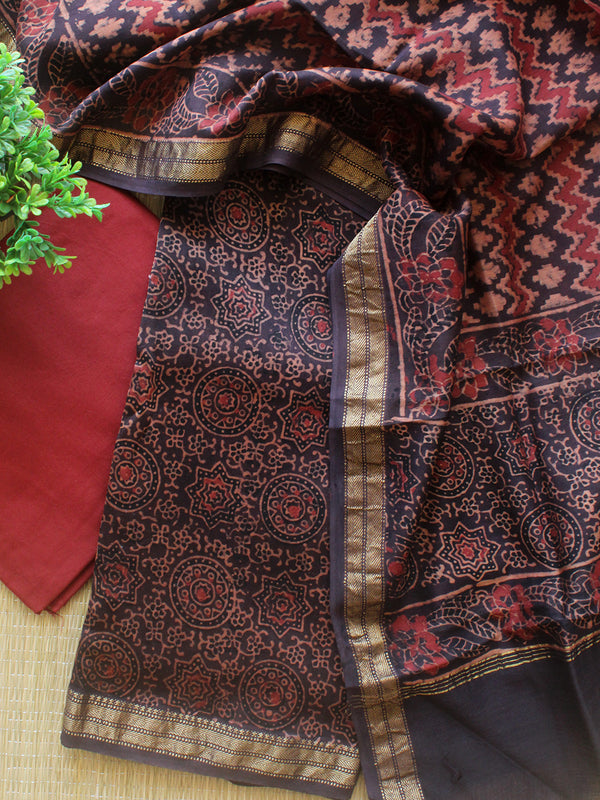 Brown Hand Block Printed Maheshwari Dress Material