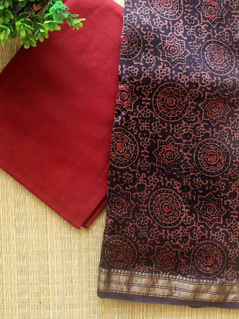 Brown Hand Block Printed Maheshwari Dress Material