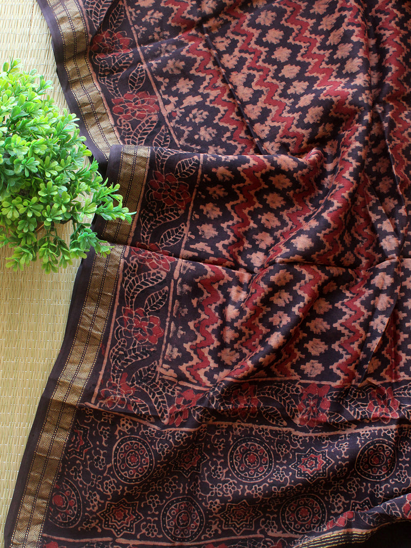 Brown Hand Block Printed Maheshwari Dress Material