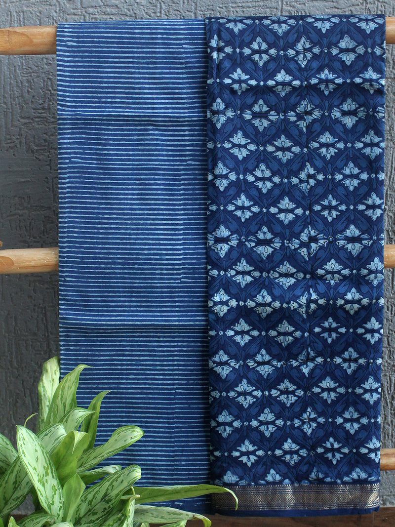 Akola Indigo Hand Block Printed Maheshwari Cotton Silk Unstitched Dress Material