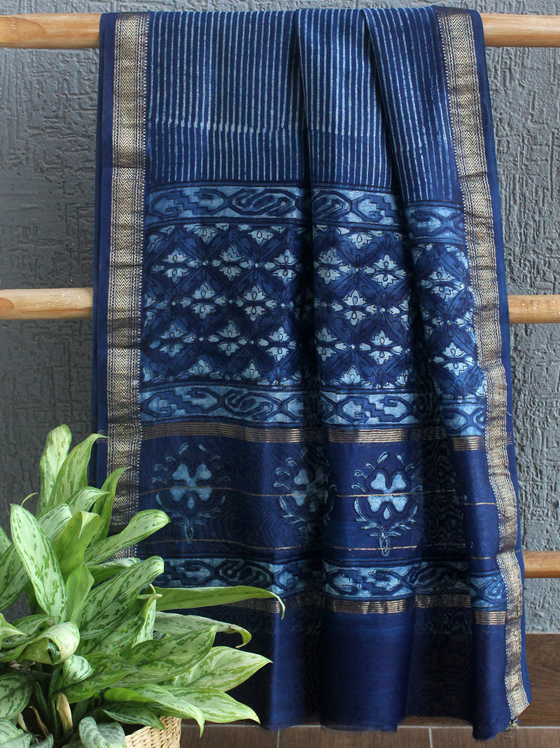 Akola Indigo Hand Block Printed Maheshwari Cotton Silk Unstitched Dress Material