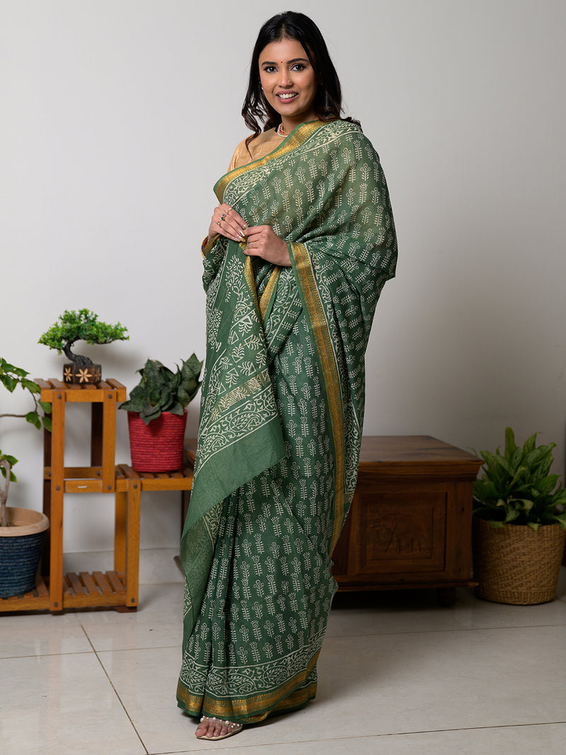 Bagru Hand Block Printed Maheshwari Silk Saree