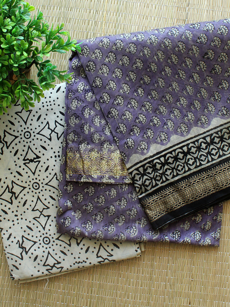 Violet Hand Block Printed Maheshwari Dress Material