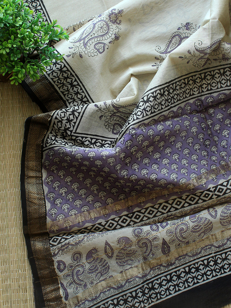 Violet Hand Block Printed Maheshwari Dress Material