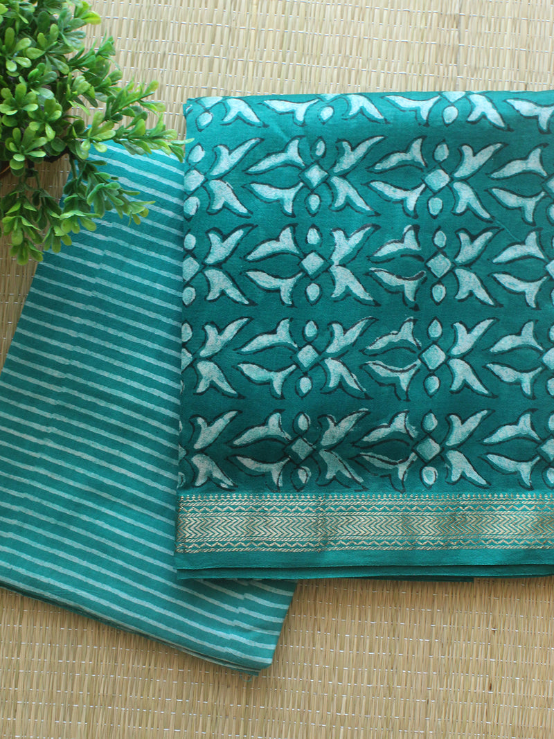 Sea Green Hand Block Printed Maheshwari Dress Material