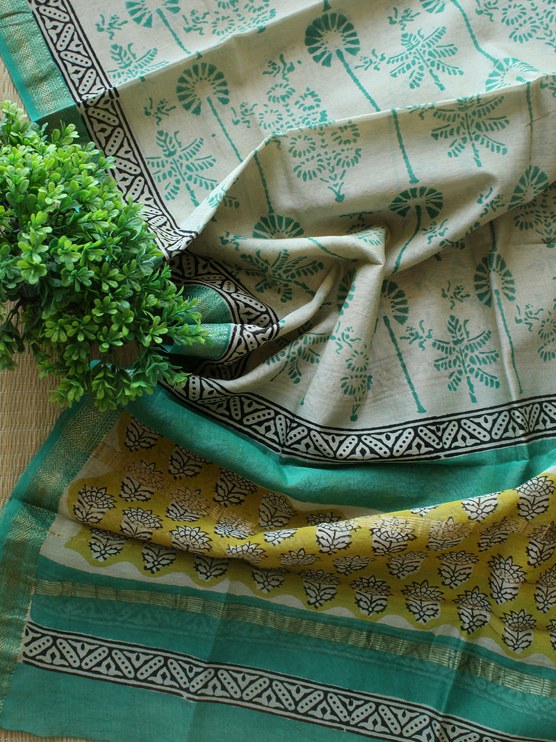 Yellow Hand Block Printed Maheshwari Dress Material