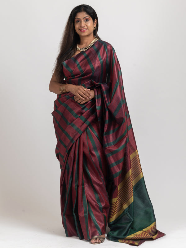 Green and Maroon Striped Tussar Silk Handloom Saree