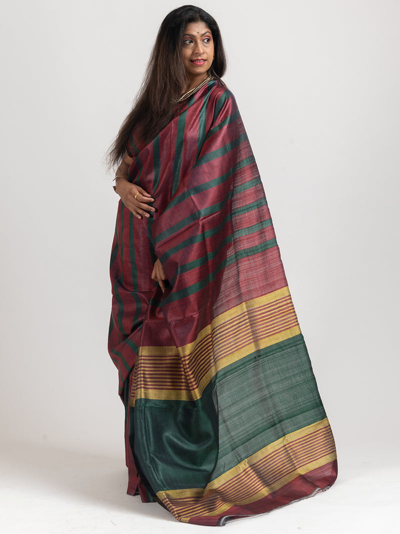 Green and Maroon Striped Tussar Silk Handloom Saree