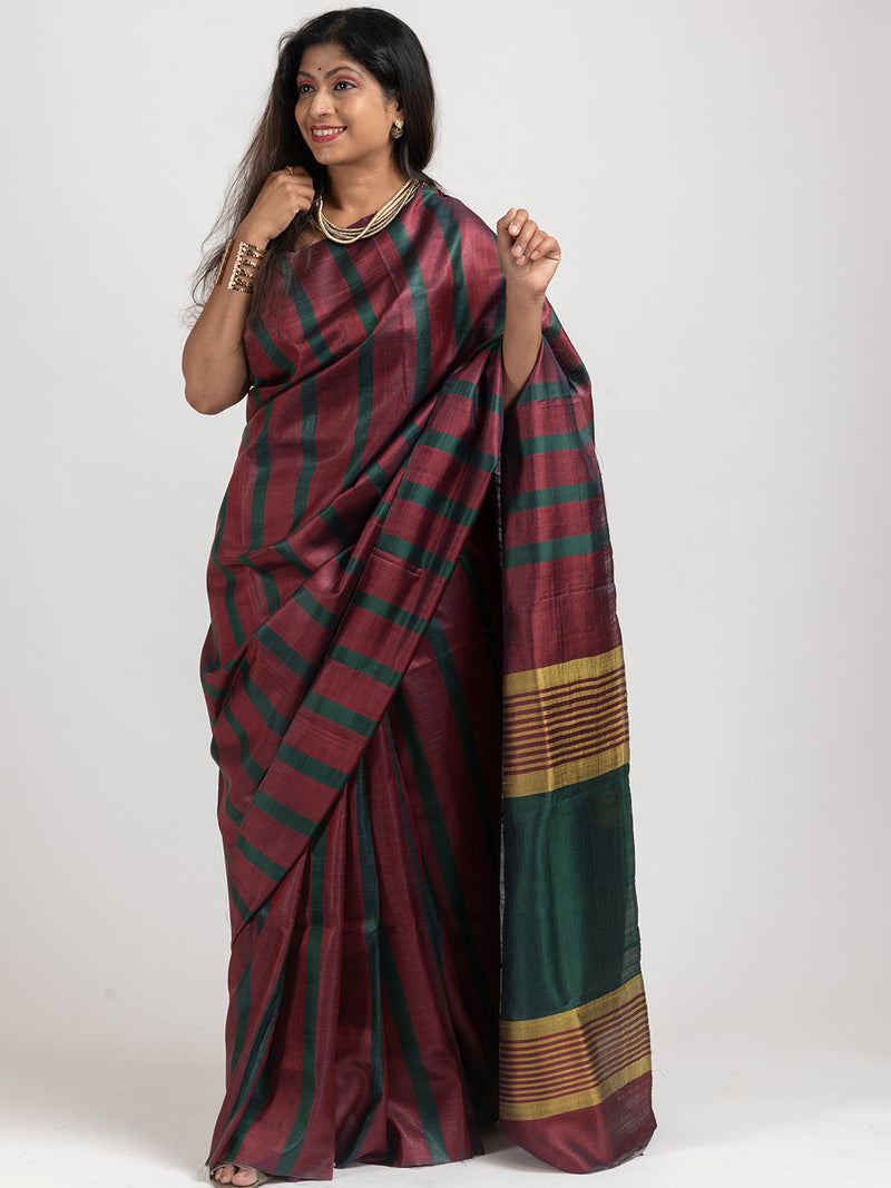 Green and Maroon Striped Tussar Silk Handloom Saree