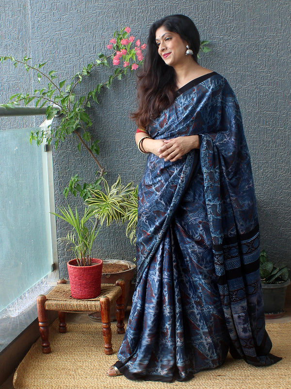 Indigo Bagru Hand Block Printed Modal Silk Saree