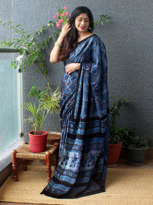 Indigo Bagru Hand Block Printed Modal Silk Saree