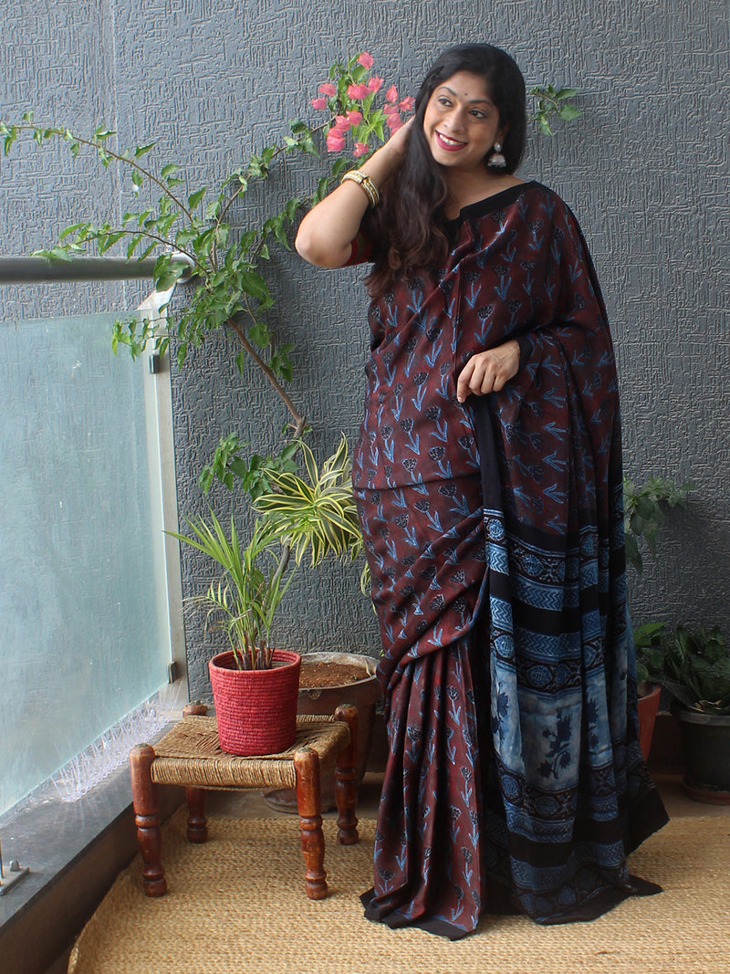 Maroon Bagru Hand Block Printed Modal Silk Saree