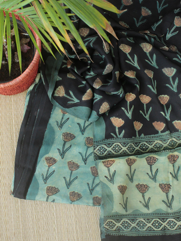 Black and Sea Green Jahota Hand Block Printed Modal Silk Dress Material