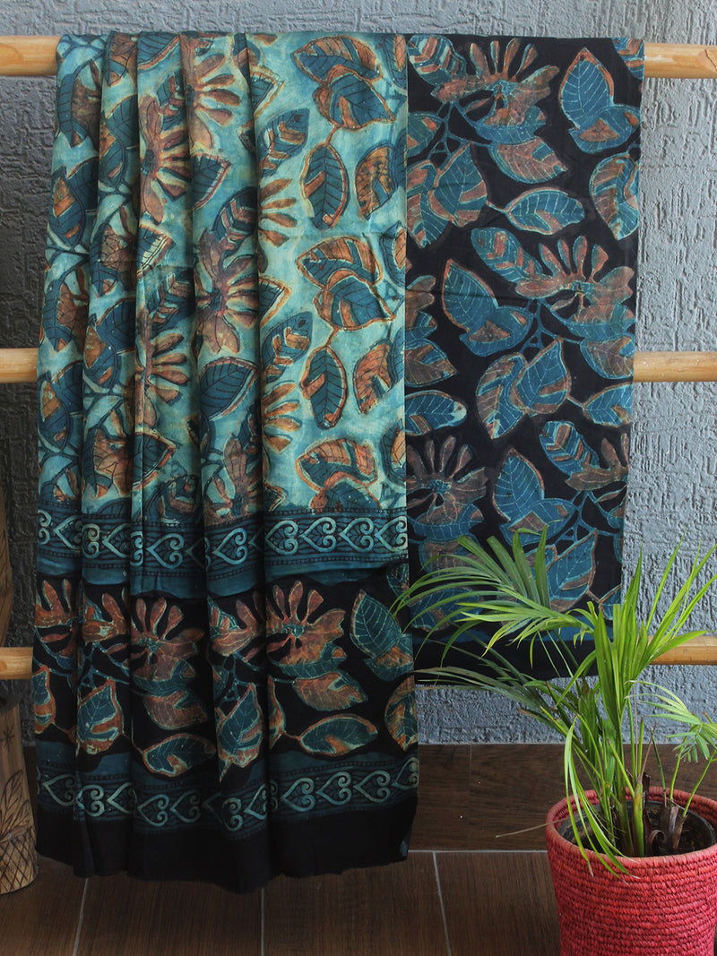 Indigo and Black Jahota Hand Block Printed Modal Silk Dress Material