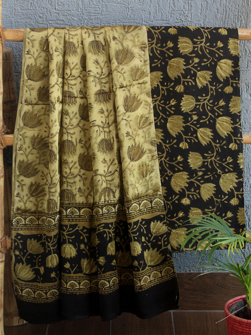 Black and Beige Jahota Hand Block Printed Modal Silk Dress Material