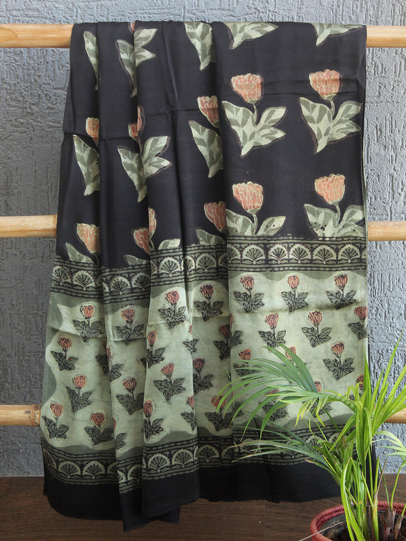 Black and Sea Green Jahota Hand Block Printed Modal Silk Dress Material