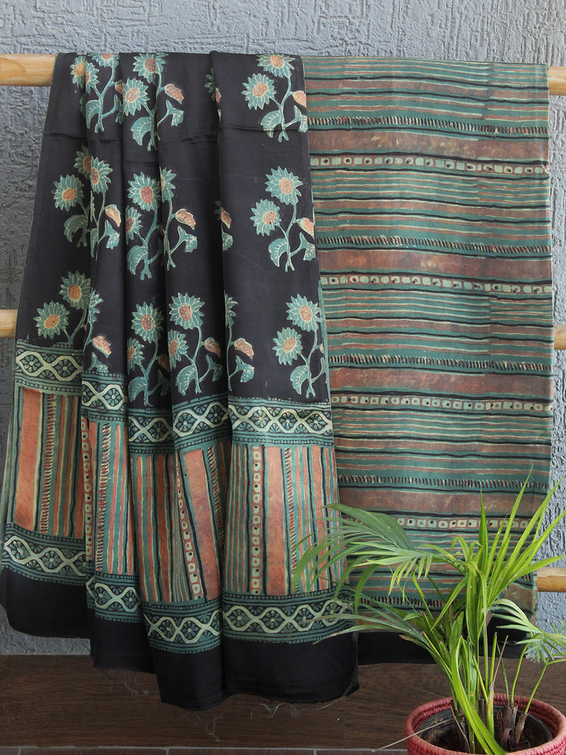 Black and Sea Green Striped Jahota Hand Block Printed Modal Silk Dress Material