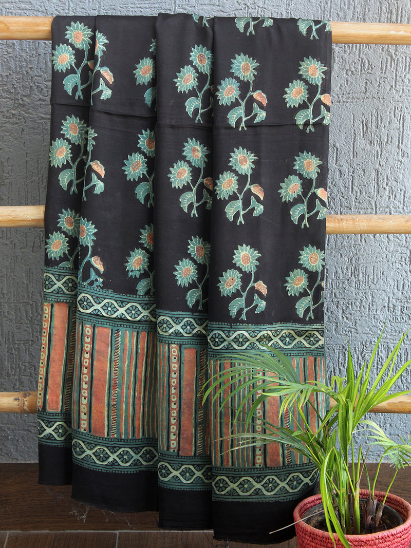 Black and Sea Green Striped Jahota Hand Block Printed Modal Silk Dress Material