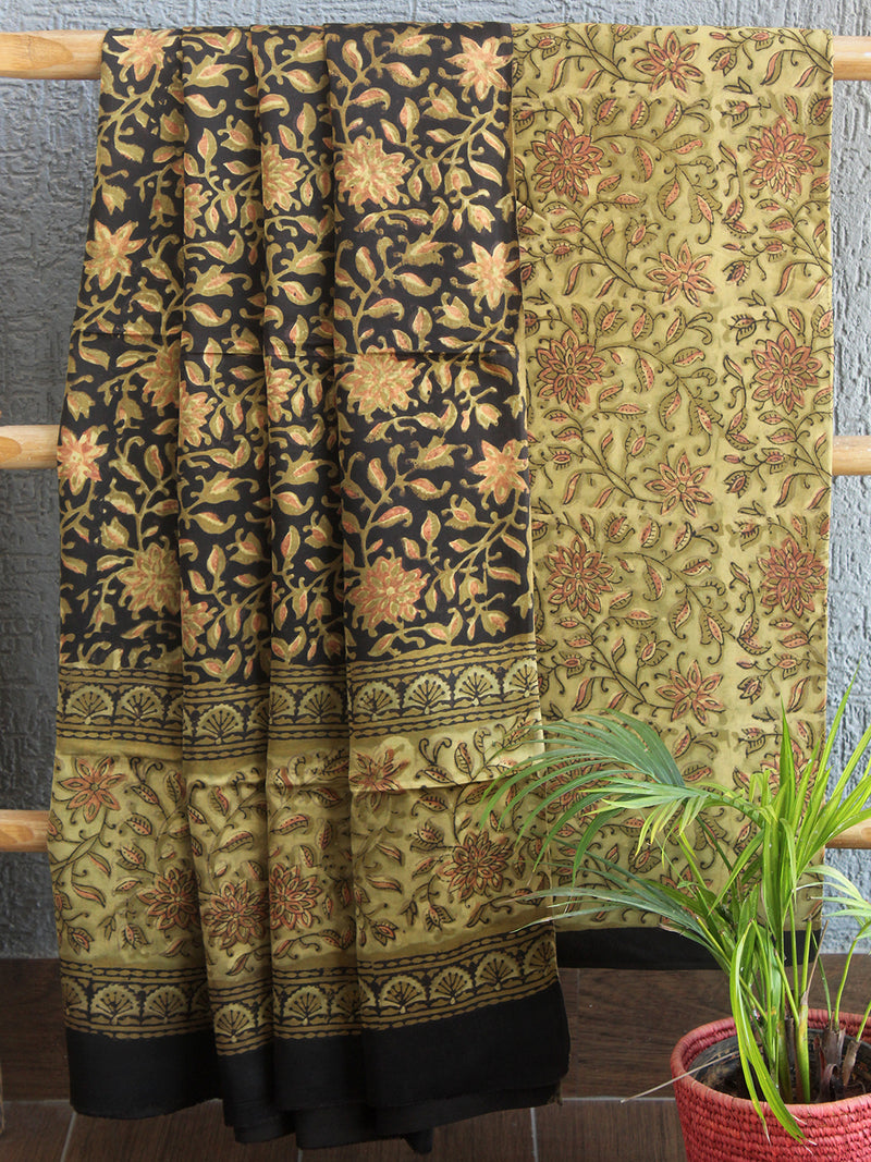 Black and Mustard Jahota Hand Block Printed Modal Silk Dress Material