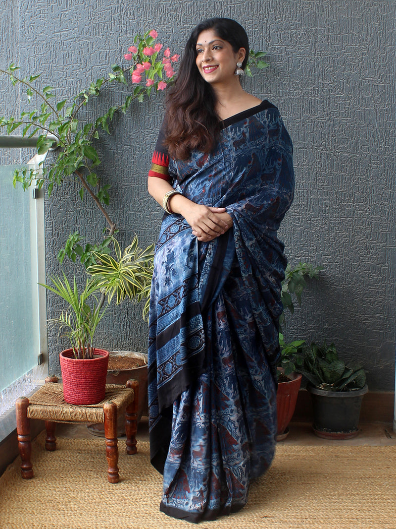 Indigo Bagru Hand Block Printed Modal Silk Saree