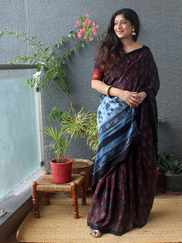 Maroon Bagru Hand Block Printed Modal Silk Saree