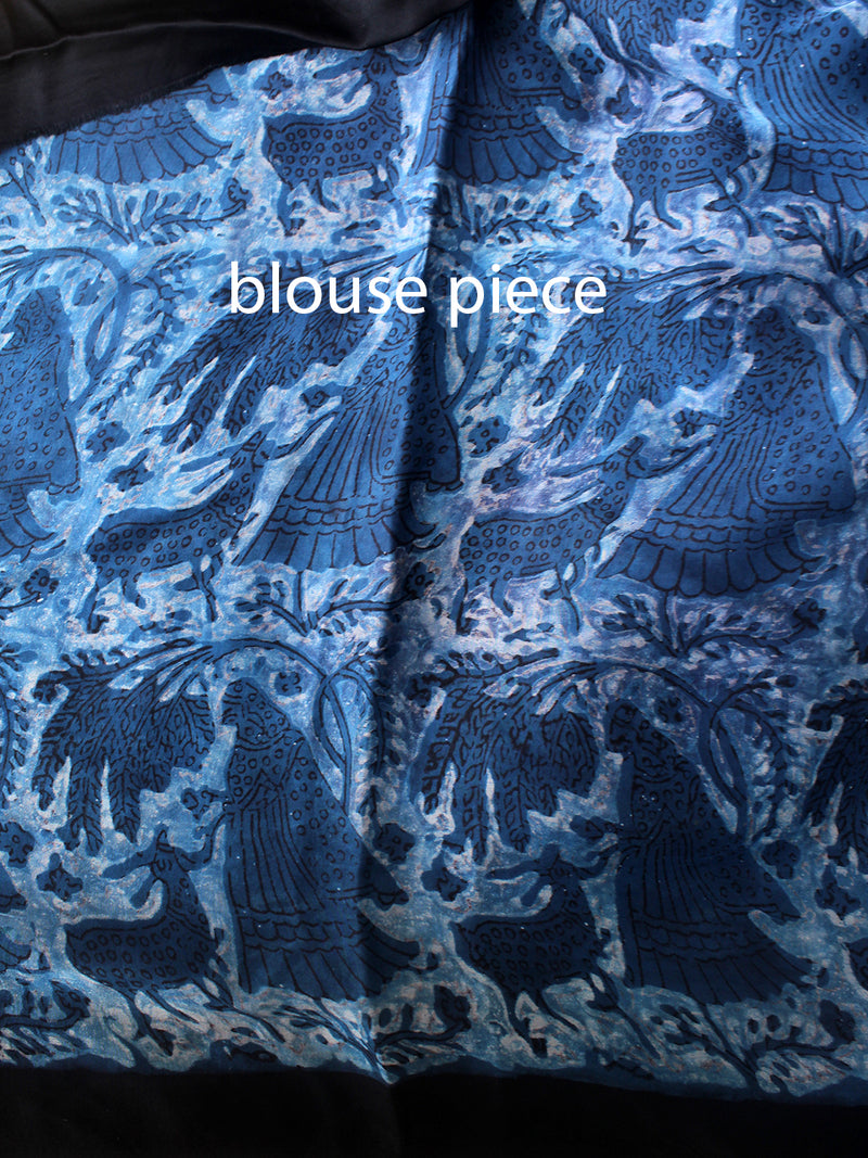 Indigo Bagru Hand Block Printed Modal Silk Saree