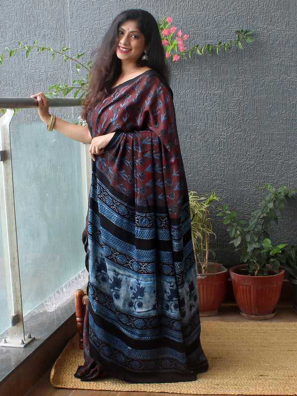 Maroon Bagru Hand Block Printed Modal Silk Saree