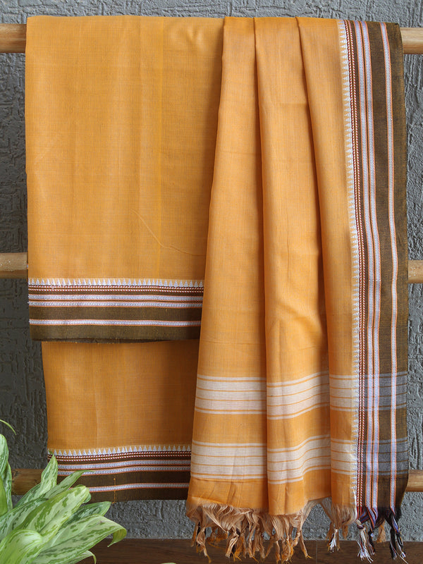 Orange Dharwad Cotton Dress Material With Gomi Borders